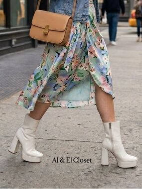 Guess BYRA Women’s Platform Block Heel Ankle Boots Ivory Patent, Size 9.5M NWB